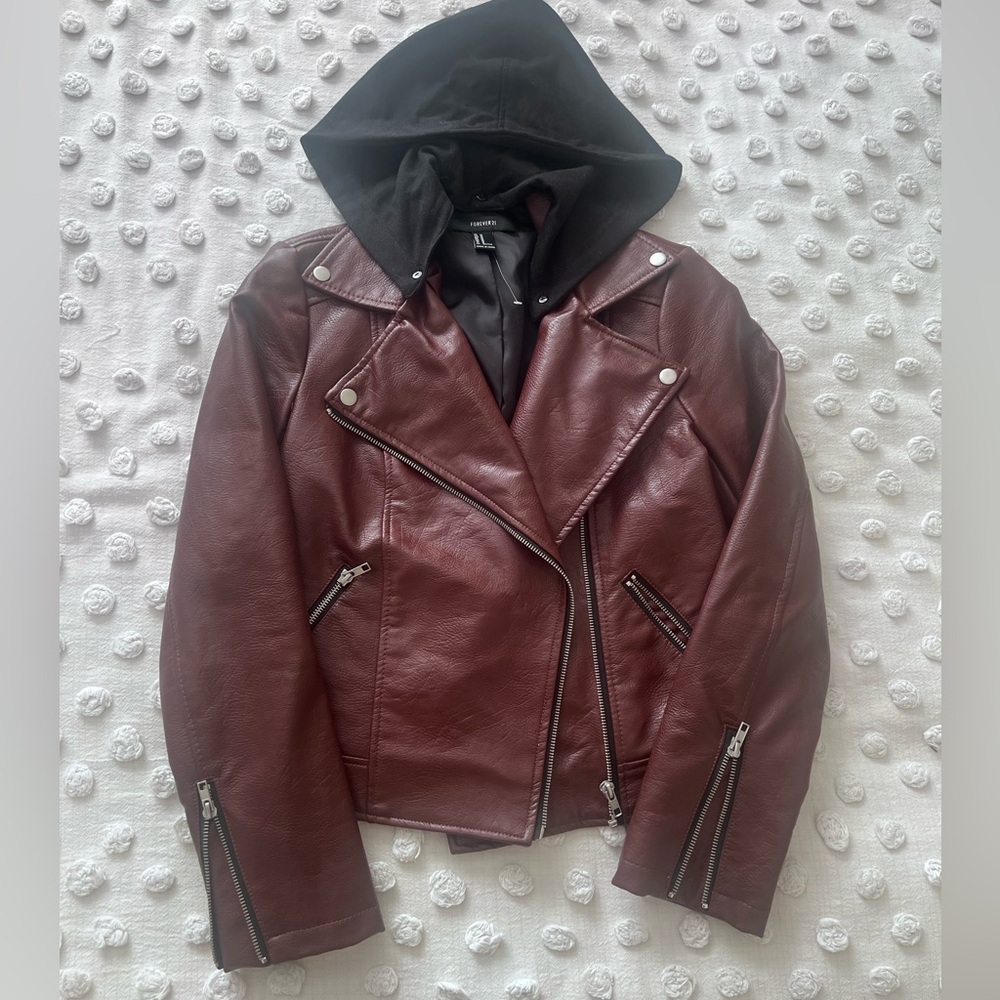 Forever 21 Burgundy Leather Jacket with Black Hood